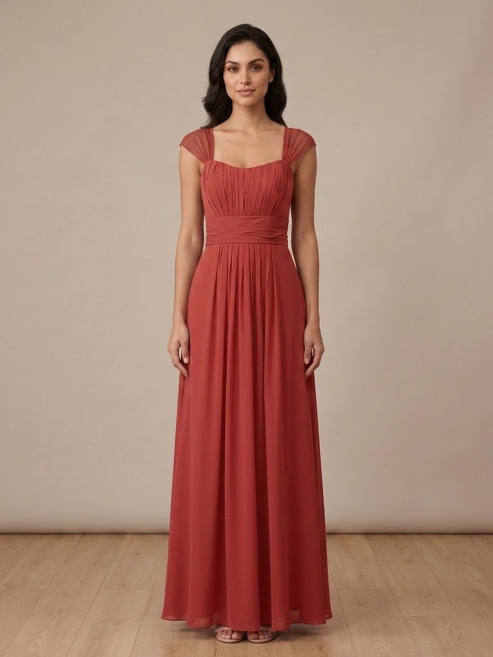 Women's Rust Red Sleeve Pleated Formal Summer Maxi Dress Medium